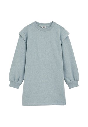 Abito felpa azzurro chiaro con maniche lunghe e a sbuffo. Presenta un colletto a costine e dettagli con borchie sulle spalle. Tessuto morbido e vestibilità casual.