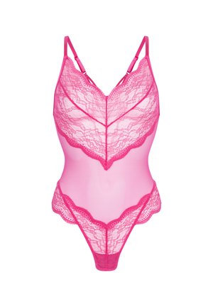 Roze kanten bodysuit met doorschijnende mesh stof, getand randje en verstelbare bandjes. Fijne kanten details langs de halslijn en zijkanten.