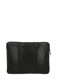 Melnas ādas taisnstūra formārs maisiņš ar rāvējslēdzēja aizdari labajā pusē, gluda virsma un vertikālas šuvju detaļas.