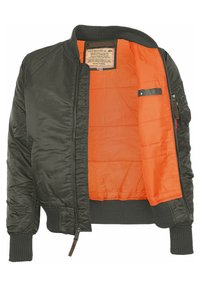 Olive green bomber jacket with a zip front, ribbed cuffs, and an orange lining. Features a label and a small pocket on the interior.