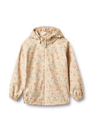 Beige hættetrøje med lille rød, blå og orange blomsterprint, elastiske manchetter og lynlås foran på hvid baggrund.