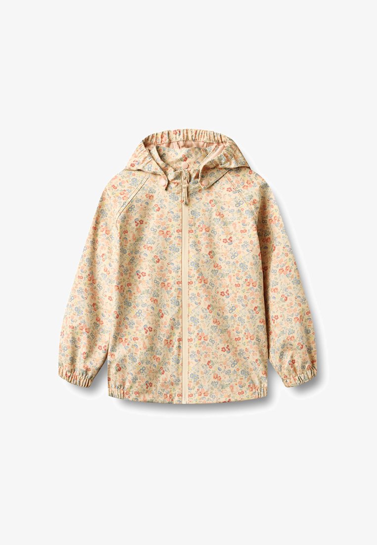 Veste beige à capuche avec petit imprimé floral rouge, bleu et orange, poignets élastiques et fermeture éclair avant sur fond blanc.