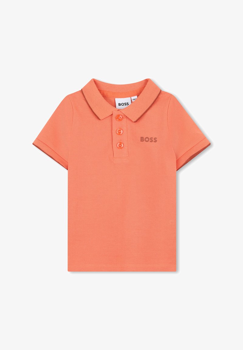 Polo shirt orange à manches courtes en coton texturé. Présente un col, une patte de boutonnage à trois boutons et un discret logo "BOSS" sur la poitrine.