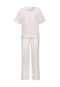 Light pink cotton pajama set featuring a short-sleeve T-shirt with "SUNDAY MORNING" text and wide-leg pants with an abstract light pattern.
