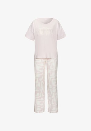 Light pink cotton pajama set featuring a short-sleeve T-shirt with "SUNDAY MORNING" text and wide-leg pants with an abstract light pattern.