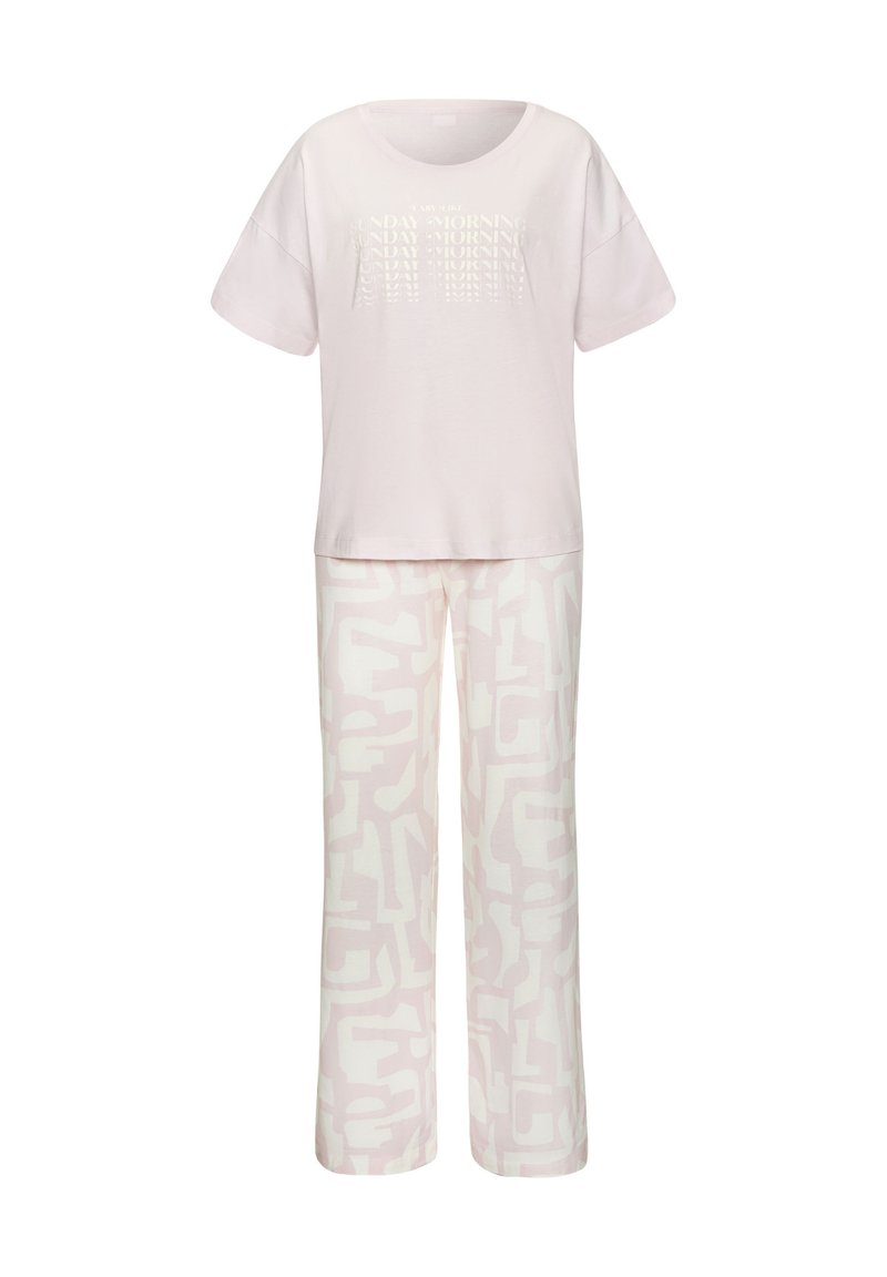 Light pink cotton pajama set featuring a short-sleeve T-shirt with "SUNDAY MORNING" text and wide-leg pants with an abstract light pattern.