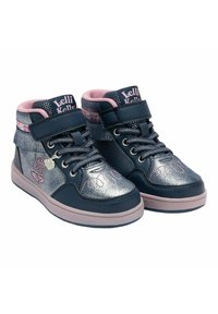 Sneakers high-top navy Lelli Kelly con accenti rosa, finitura glitterata, chiusura con lacci, cinturino in Velcro e design floreale sul tallone.