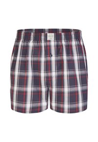 Námořnické kostkované trenýrky s červenými a bílými pruhy, elastickým pasem a detailním knoflíkem vpředu. Bavlněný materiál s hladkou texturou.