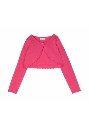 Cardigan corto rosa realizzato in tessuto morbido, con maniche lunghe, bordo in pizzo attorno al colletto e all'orlo, e dettagli testurizzati su tutto il capo.
