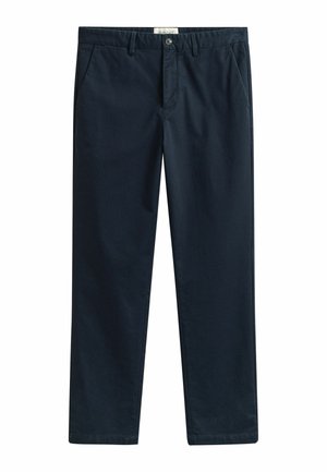 Herrenhose in Marineblau mit geradem Bein, Gürtelschlaufen, vorderem Knopf, Reißverschluss und seitlichen Taschen.