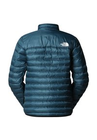 Giacca imbottita teal con sezioni a righe orizzontali, colletto alto e un piccolo logo bianco sulla parte superiore della schiena. Tessuto liscio e materiale sintetico.