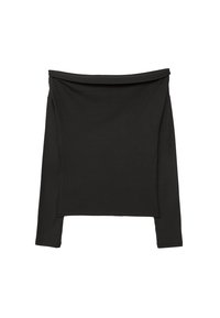Czarny, prążkowany top z długim rękawem i szerokim dekoltem typu off-shoulder, charakteryzujący się dopasowanym krojem i miękką fakturą.