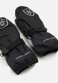 Black waterproof mittens with a textured finish, adjustable straps, and branding logo. Features a snug cuff for protection against elements.