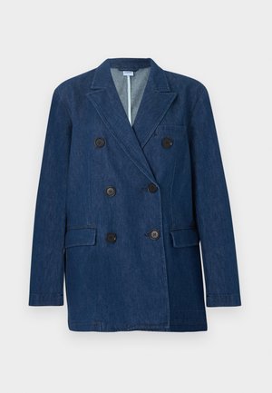 Doppelreihiger dunkelblauer Denim-Blazer mit Kerbkragen, schwarzen Knöpfen, Brusttasche und zwei aufgesetzten Taschen vorne.