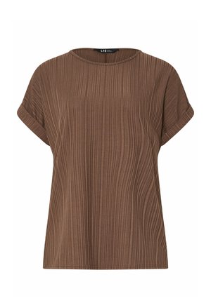 Braunes kurzärmeliges Rippstrickoberteil mit rundem Ausschnitt und umgeschlagenen Ärmelbündchen, Marke LTS, Größe groß.