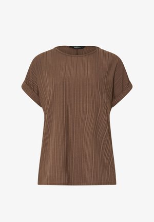 Top marrone a maniche corte in maglia a coste con scollo rotondo e polsini delle maniche arrotolati, etichettato LTS, taglia large.