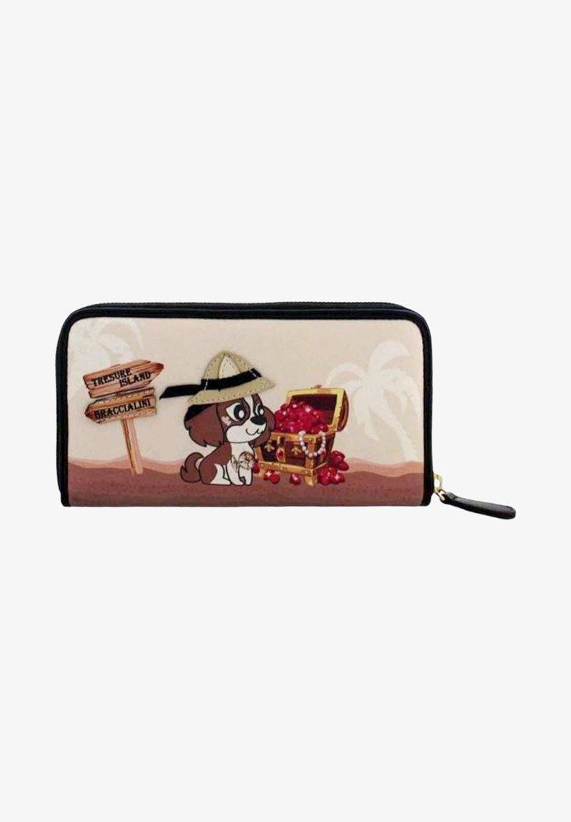 Rectangular wallet in beige with black trim; features a cartoon dog wearing a hat, treasure chest, and wooden signs on a sandy background.