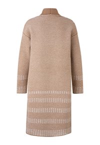 Knit brown garment with a textured, patterned surface and a stand collar; features white horizontal stripes near the hem and sleeves.