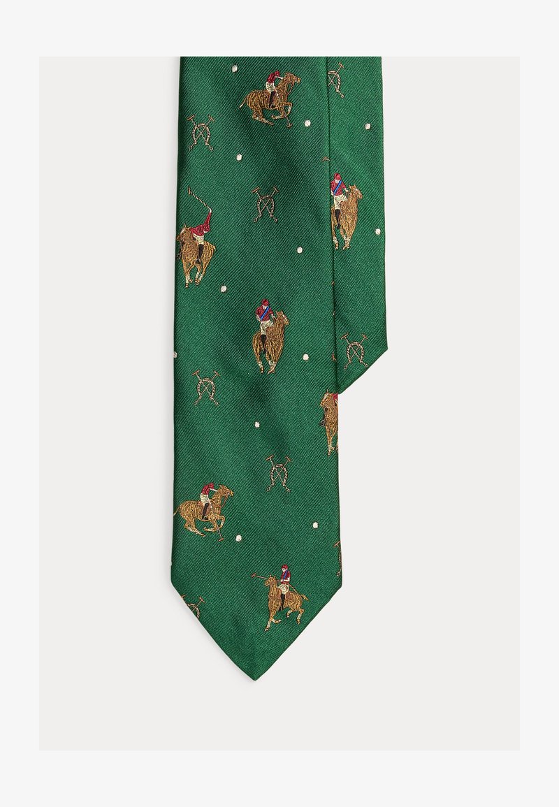 Πράσινη μεταξωτή γραβάτα με επαναλαμβανόμενα κεντητά σχέδια παικτών πόλο σε άλογα, διασταυρωμένα μαλέτια και μικρές λευκές τελείες.