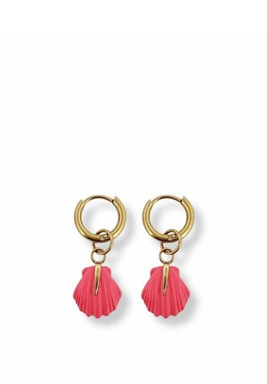 Gold hoop earrings with small pink seashell-shaped charms hanging from each hoop.