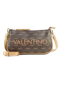 Bolsa de ombro em couro sintético castanho com estampa dourada "VALENTINO", detalhes em couro bege, fecho de zipper e alça ajustável.