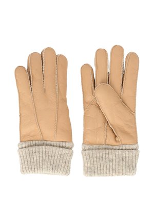 Brune læderhandsker med ribbede beige strikmanchetter, med fem-finger design og syninger langs sømmene for ekstra struktur.