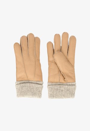 Brune læderhandsker med ribbede beige strikmanchetter, med fem-finger design og syninger langs sømmene for ekstra struktur.