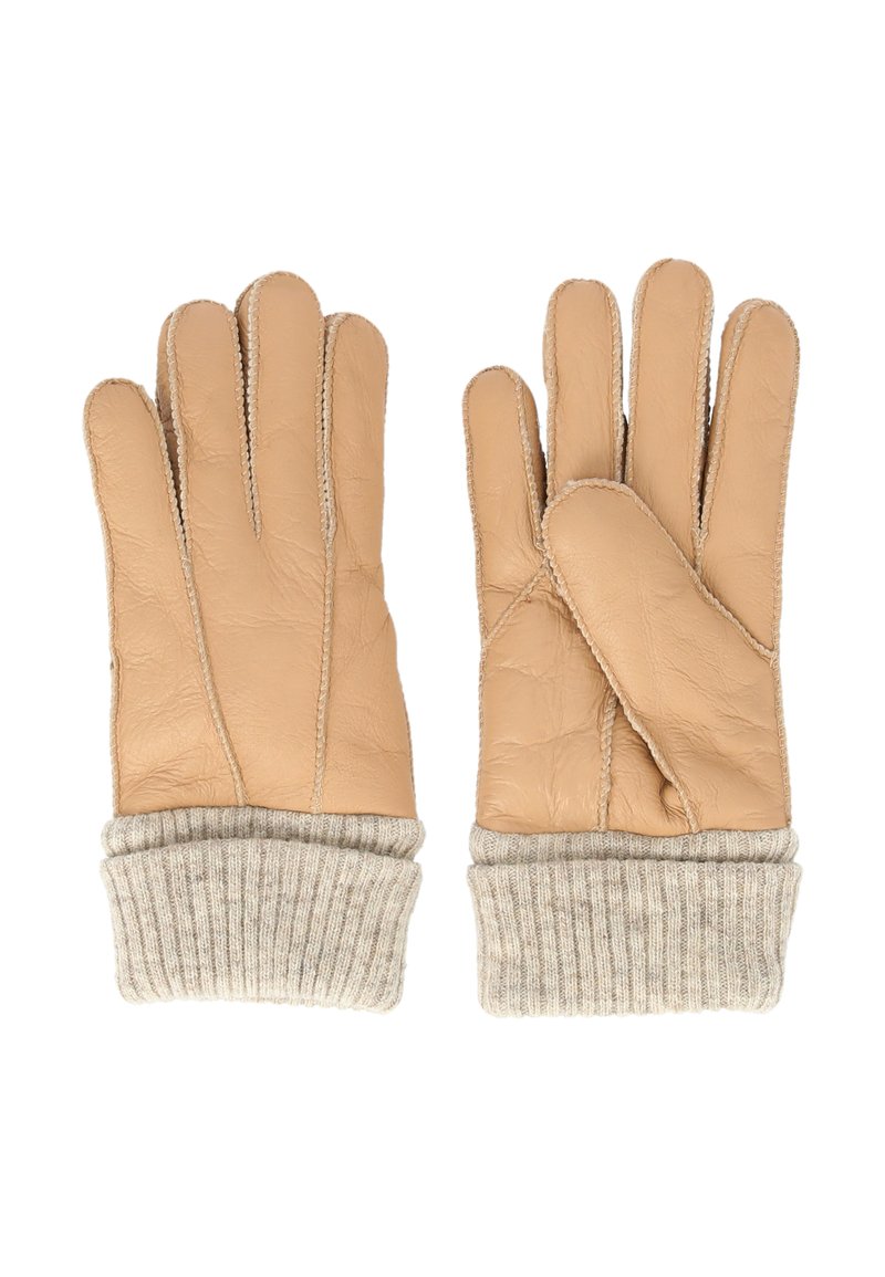 Gants en cuir tan avec des poignets en tricot beige côtelé, présentant un design à cinq doigts et des détails de couture le long des coutures pour plus de structure.