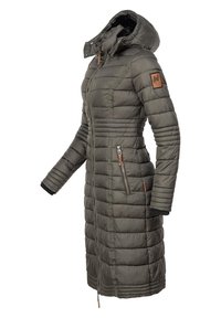Long, hooded, dark green puffer coat with vertical quilted texture, front zip, side pockets, and leather logo patch on the sleeve.
