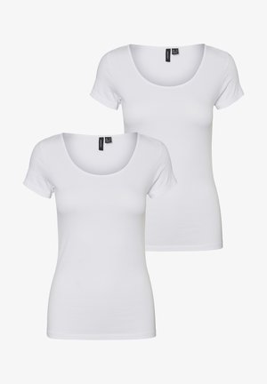 Two white crew-neck t-shirts with short sleeves, made from smooth cotton blend fabric, featuring a fitted design and no patterns.