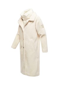 Lange, crèmekleurige jas gemaakt van zachte, gestructureerde fleece, met een kraag, zijzakken en een knopen sluiting aan de voorkant.