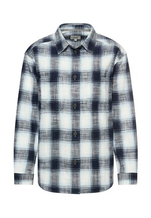 Long-sleeve shirt in blue and white plaid pattern, featuring a button-down collar and four brown buttons along the front. Cotton fabric with texture.