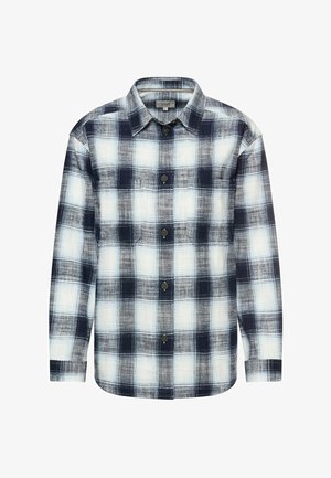 Overhemd met lange mouwen in een blauw-wit ruitpatroon, voorzien van een button-down kraag en vier bruine knopen aan de voorkant. Gemaakt van katoenen stof met textuur.