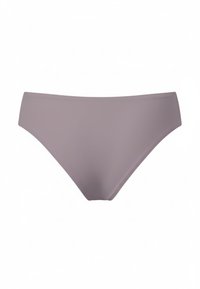 Slip bikini a vita alta in morbido malva, realizzati in tessuto elasticizzato e liscio. Design semplice con linee pulite e senza elementi hardware visibili o motivi.