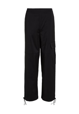 Pantalons cargo noirs avec une taille élastique, une poche latérale et des ourlets avec cordon de serrage ajustable. Fabriqués en tissu résistant et texturé.