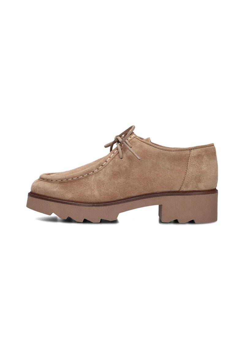 Beige Wildleder Schnürschuh mit runder Spitze, kontrastierenden Nähten und einer strukturierten Gummisohle. Verfügt über einen niedrigen Blockabsatz.