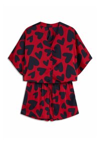 Red short-sleeve romper with a navy heart pattern, featuring a buttoned neckline and an elastic waistband for a comfortable fit.