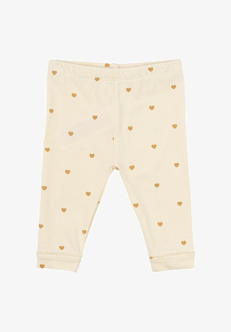 Svijetlosmeđe tajice od mekog materijala, s malim zlatnim srcima i čipkastim rubovima na manžetama. Elastični pojas za udobnost.