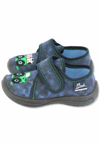 Blaue Stoffschuhe mit grünen Akzenten und verstellbaren Klettverschlüssen. Auffälliges gesticktes Design mit bunten Tieren auf der Spitze.