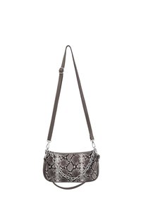 Borsa a tracolla in stampa rettile grigia e bianca con una tracolla accentuata da catena, caratterizzata da una chiusura con zip e dettagli in pelle liscia. Design compatto e strutturato.