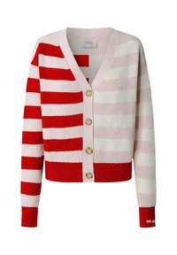 Rood- en roze gestreepte cardigan met een V-hals, voorzien van een gebreide textuur en vijf knoopsluitingen. Geribbelde boorden bij de mouwen en zoom, logo op de mouw.
