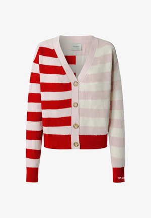 Rood- en roze gestreepte cardigan met een V-hals, voorzien van een gebreide textuur en vijf knoopsluitingen. Geribbelde boorden bij de mouwen en zoom, logo op de mouw.