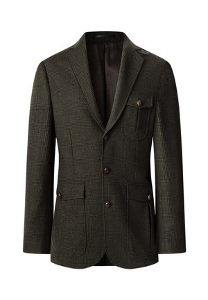 Blazer de cuadros en verde oscuro con cierre de dos botones, solapas en pico y un bolsillo en el pecho. Presenta botones marrones y una tela texturizada.