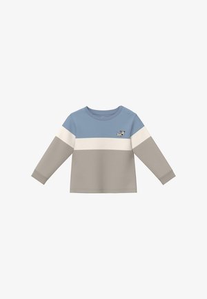 Langärmeliges Hemd für Kleinkinder mit blauen, weißen und grauen horizontalen Streifen und einem kleinen Cartoon-Hund auf der Brust.