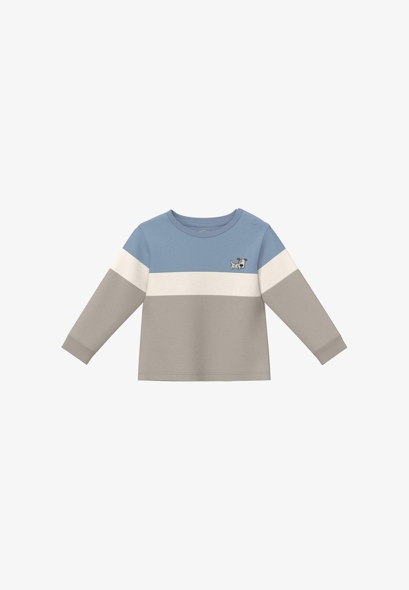 Chemise à manches longues pour tout-petit avec des rayures horizontales bleues, blanches et grises et un petit chien dessin animé sur la poitrine.