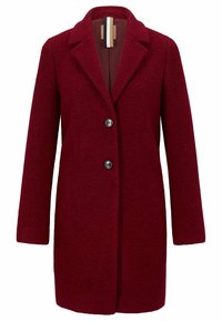 Bordeaux wollen blend jas met een geknipt kraag, tweeknoopsluiting aan de voorkant en lange mouwen; zachte textuur en op maat gemaakte silhouet.