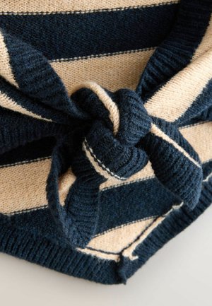 Striped knit fabric in navy and beige, featuring a tied knot detail. Soft texture with contrasting colors and visible stitching accents.