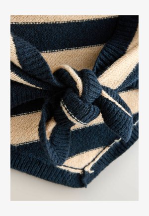 Gestreifter Strickstoff in Marineblau und Beige, mit einem gebundenen Knotendetail. Weiche Textur mit kontrastierenden Farben und sichtbaren Nähakzenten.