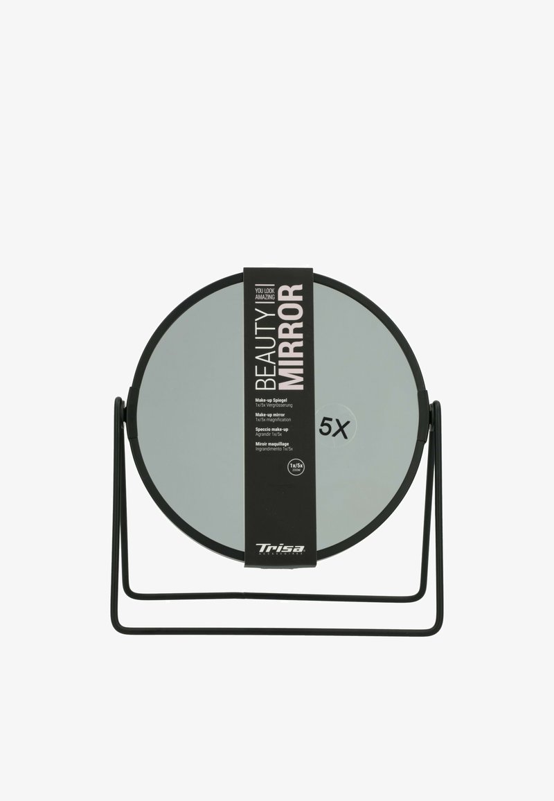 Miroir de beauté rond pour table avec cadre et support noirs, offrant un grossissement x1 et x5, étiqueté "Vous êtes magnifique."