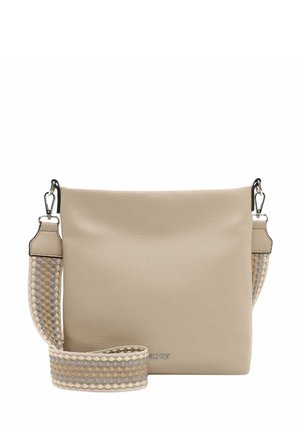 Beige leather crossbody bag with wide woven strap in beige and gray tones, silver hardware, and "SURI FREY" logo on front center.